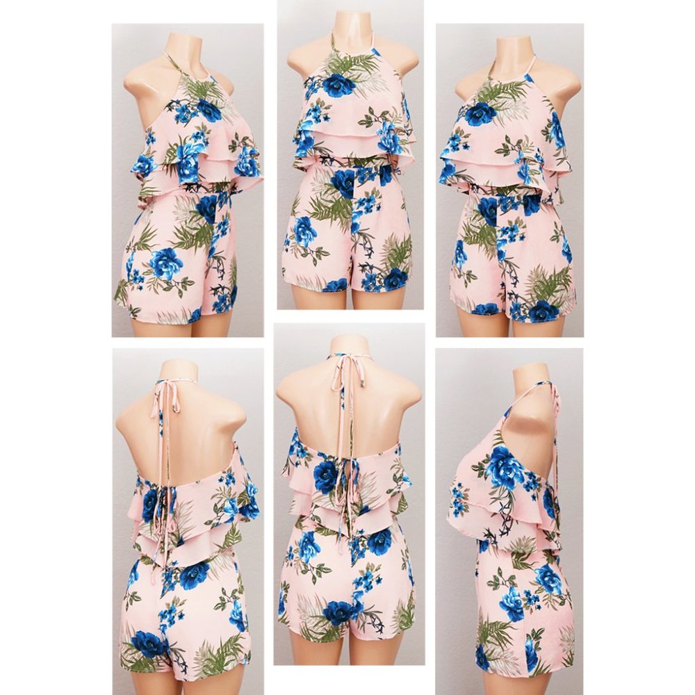 Pink Floral Flounce Ruffle Halter Tie Back Romper - Picture 7 of 8